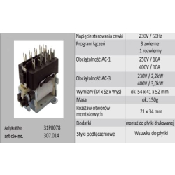 STYCZNIK 230VAC 250V/16A 400V/10A 31P0078 3NO+1NC