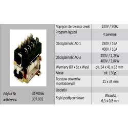 STYCZNIK 230VAC 250V/16A 400V/10A 31P0066 4NO