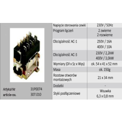 STYCZNIK 230VAC 250V/16A 400V/10A 31P0074 2NO+2NC