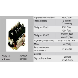 STYCZNIK 230VAC 250V/16A 400V/10A 31P0064 3NO+1NC#